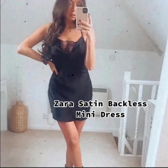 Zara Satin Mini Slip Dress with Lace - Picture 2 of 8